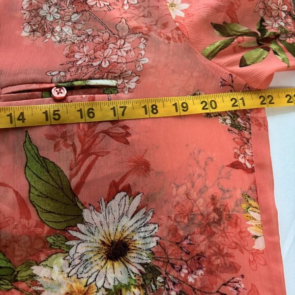 Floral Long Sleeve Sheer Button-Down Shirt Peach & Green Lightweight Boho Top - Picture 9 of 10